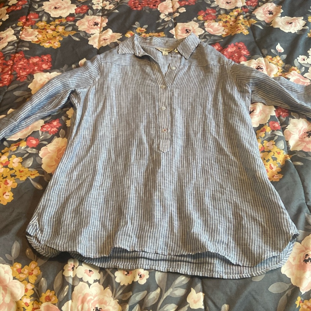 Linen Lucky Blouse! Blue and white stripes.